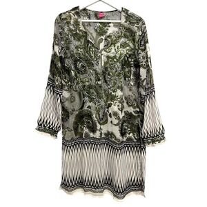 Raj Tunic Top Women Medium Green Paisley 100% Silk Embroidered Coverup Resort